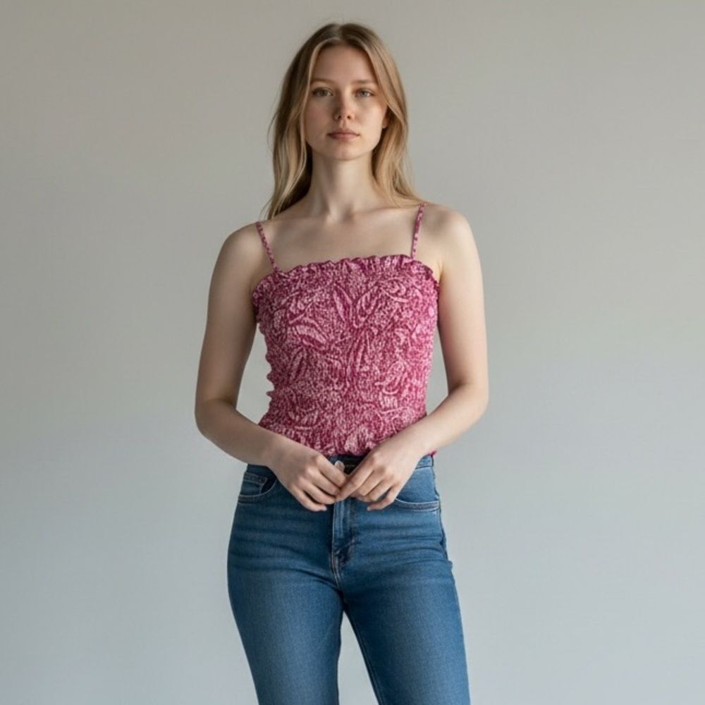 NWT Sienna Sky Fuchsia Smocked Pink Tropical Hawaiian Crop Top Spaghetti Strap L